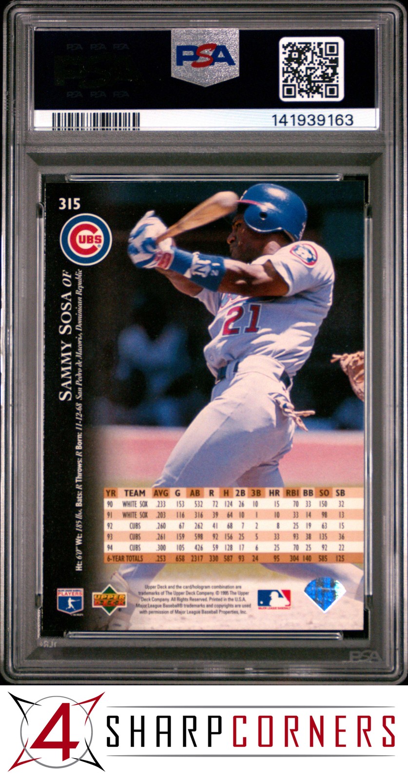 1995 UPPER DECK #315 SAMMY SOSA CUBS POP 2 PSA 10 view 2
