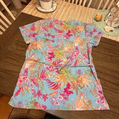 Denice Floral Scrub Summer Tropical Escape Tie V-Neck Short Sleeve Pockets M