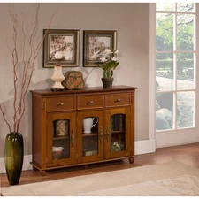 Walnut Finish Wood With Glass Doors Console Sideboard Buffet Table With Storage