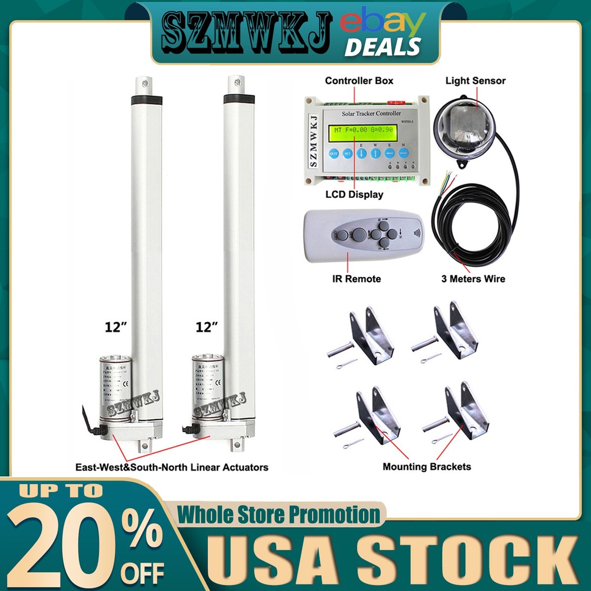 Dual Axis Solar Tracking Tracker System & 2x12" Linear Actuator & LCD Controller