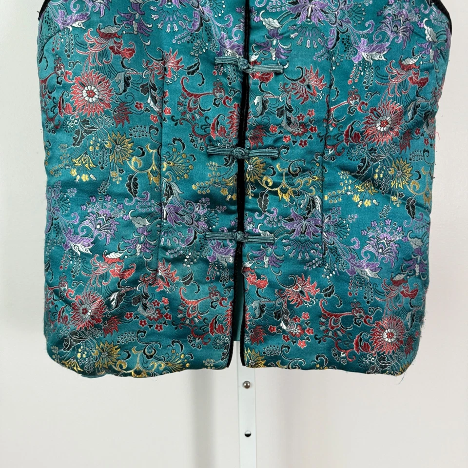 复古 Foieverdev sz LTeal 花卉锦缎中式领背心绗缝 — 第 3/4 张图片