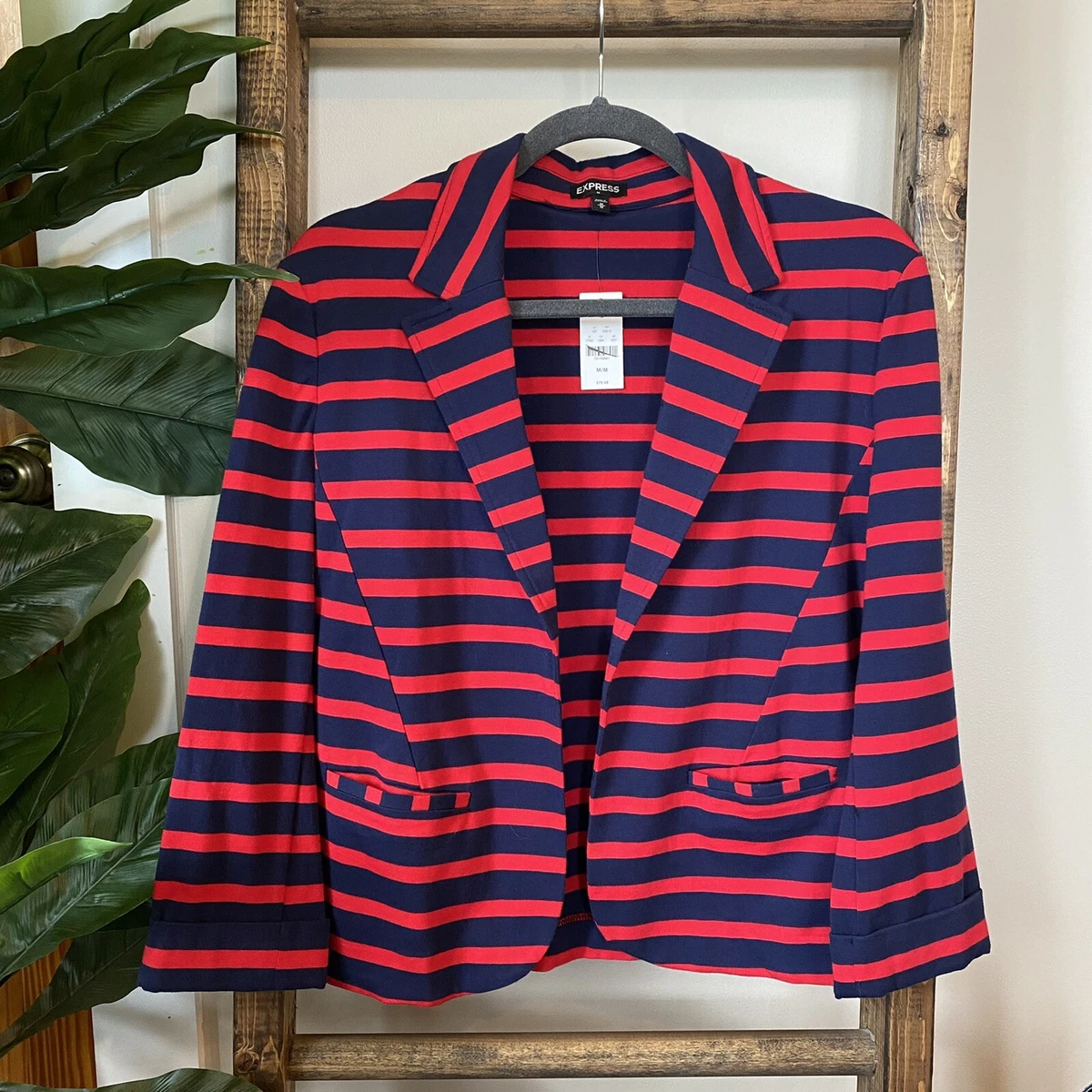 NWT Express Red And Navy Blue Striped Long Sleeve Blazer Size Medium