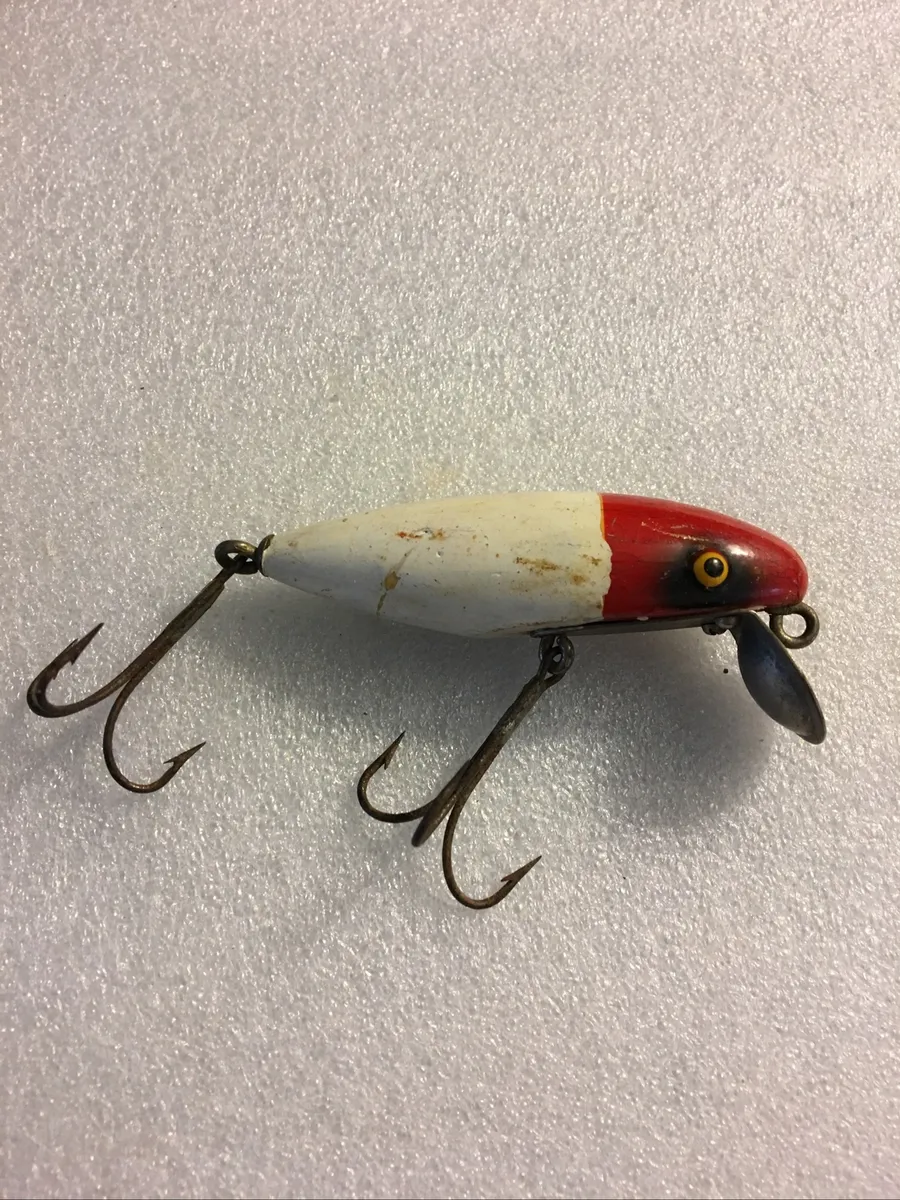 VINTAGE ANTIQUE UNKNOWN WOOD FISHING LURE POPPER, 2.5, Red
