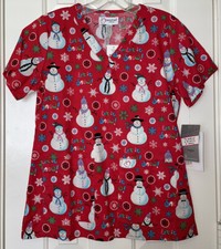NWT Peaches Uniforms 9451 Size Small Red Snowman Santa Medical Scrub Top