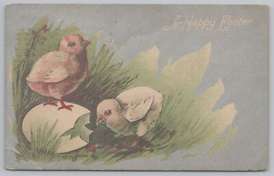 Holiday~Easter~Chicks Come from Egg in Grass~Vintage Postcard