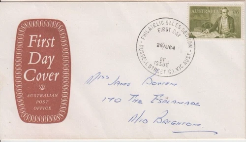 Stamp 1964 Australia 7/6 Captain Cook on official emblem generic cachet FDC