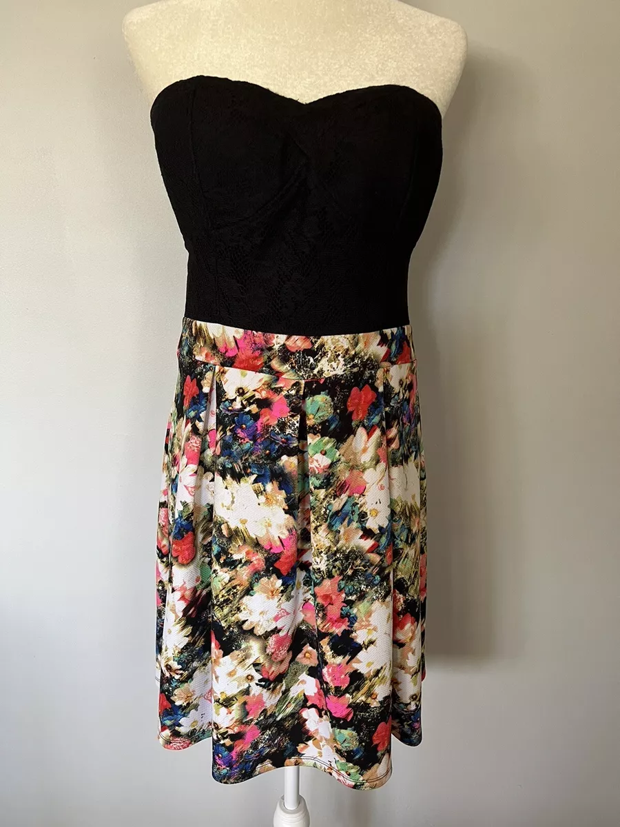 Xhilaration Women Floral Print Pleated Polyester Strapless Mini Dress Size Large