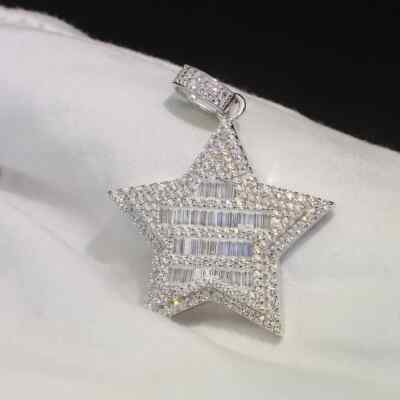 2 Ct Bageutte Round Cut Genuine Moissanite Star Pendant 14K White Gold Plated