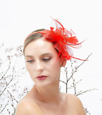 Red Feather Mesh Wedding Fascinator Headband Woman Headpiece Derby Day
