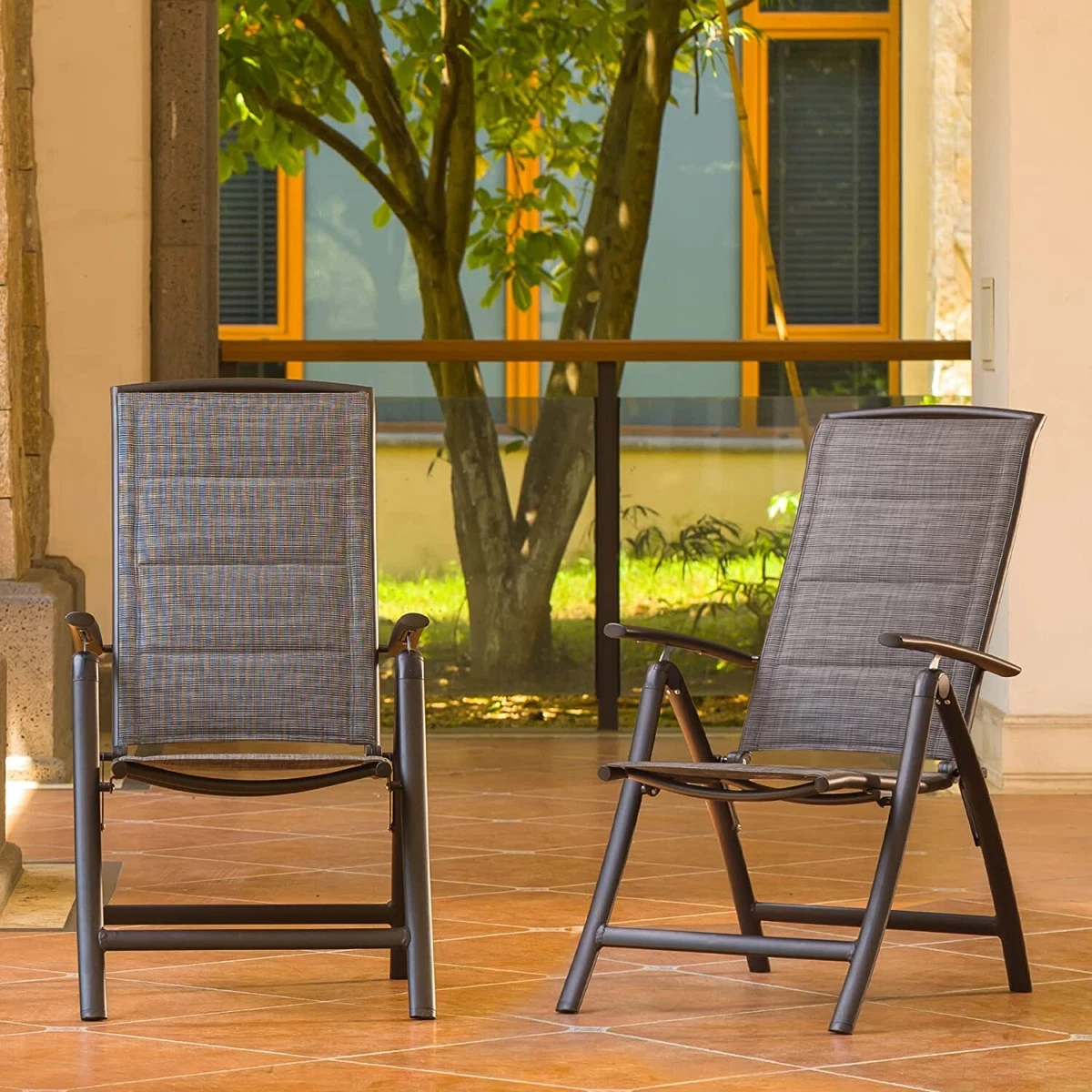 Domi Folding Patio Chairs Set of 2 w Adjustable Backrest Double Layered Fabric
