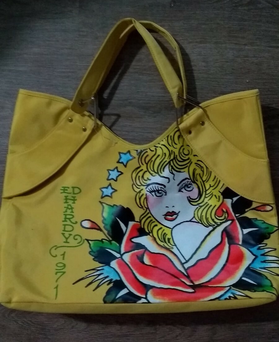 Ed Hardy 1971 Large Bold Yellow Canvas Tote Bag Shopper