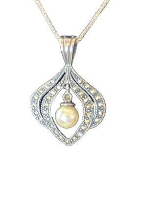 VTG Eclipse Sterling Silver Necklace Marcasite Dangling Pearl Pendant Appin Scot