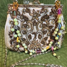 Beaded Satin Evening Bag with Metal Chain Strap and Multicolor Handle