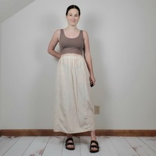 Vintage 70s 80s Beige Cream Silk Cotton Blend Midi Prairie Skirt Womens 36"