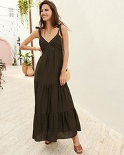 Express Tie Shoulder T Boho Maxi Dress Women Sz XSmall Olive Green Summer Dress