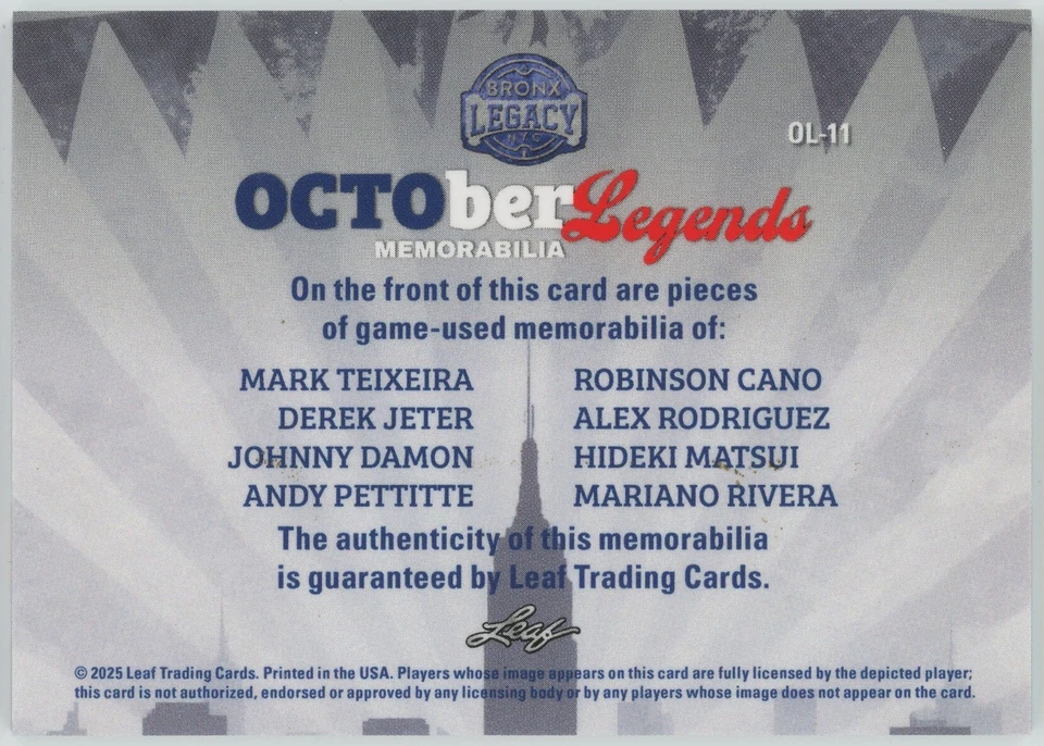 2025 Leaf Bronx Legacy Jeter, Rodriguez, Rivera 33/35 Game-Used Memorabilia OCTO - Image 2 of 2