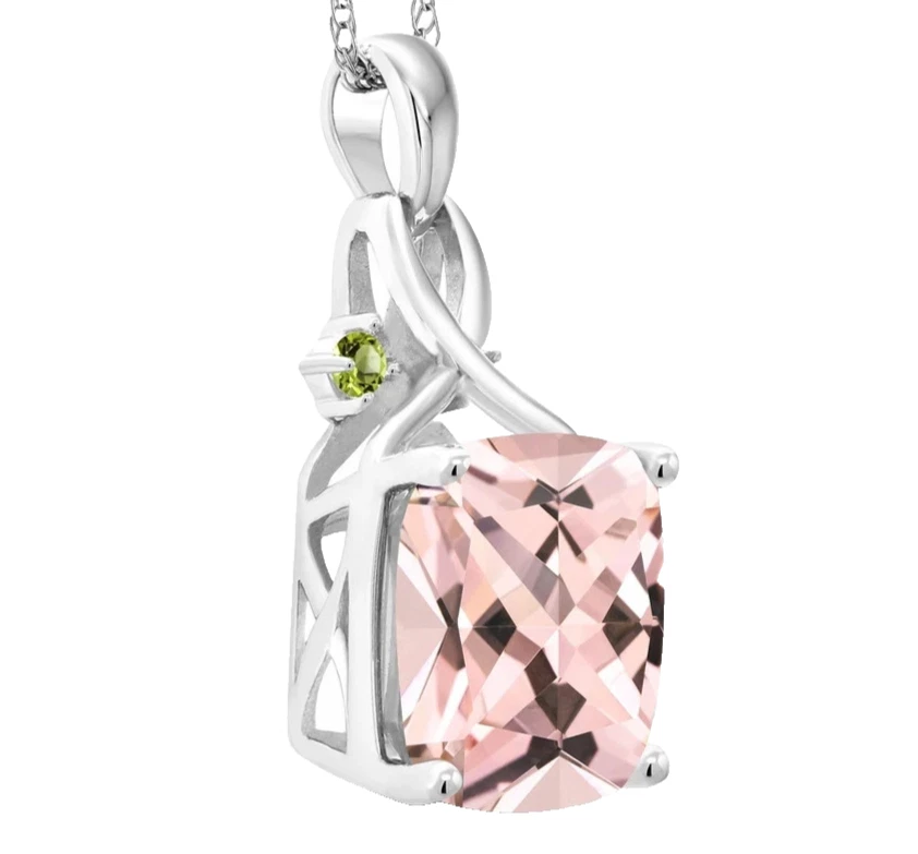 925 Sterling Silver 4.36 Carat Cushion Peach Morganite and Peridot Women Pendant - Image 2 of 4