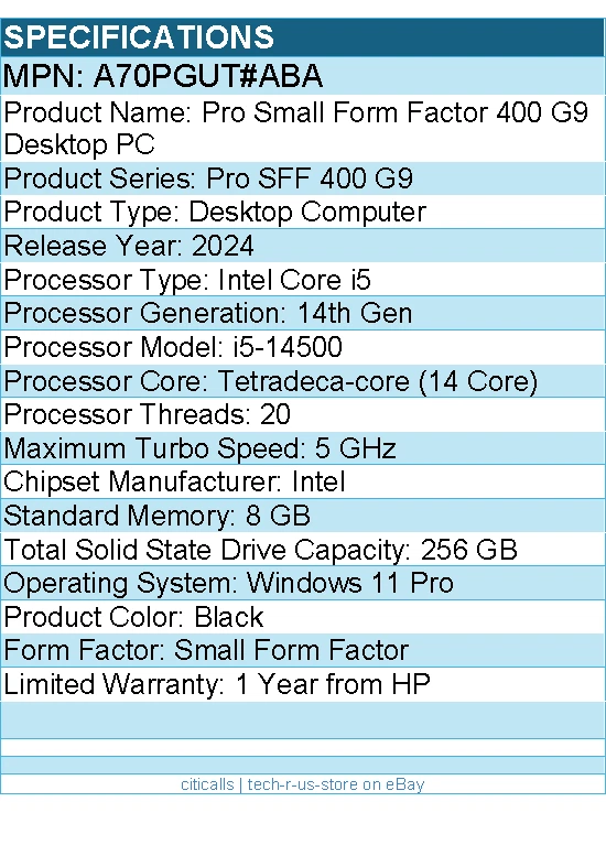 HP A70PGUT#ABA Pro SFF 400 G9 Desktop Computer - Intel Core i5 14th Gen - Image 4 of 4