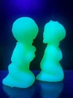 Vintage Fenton Uranium Satin Custard Glass Praying Boy and Girl Figurines Green