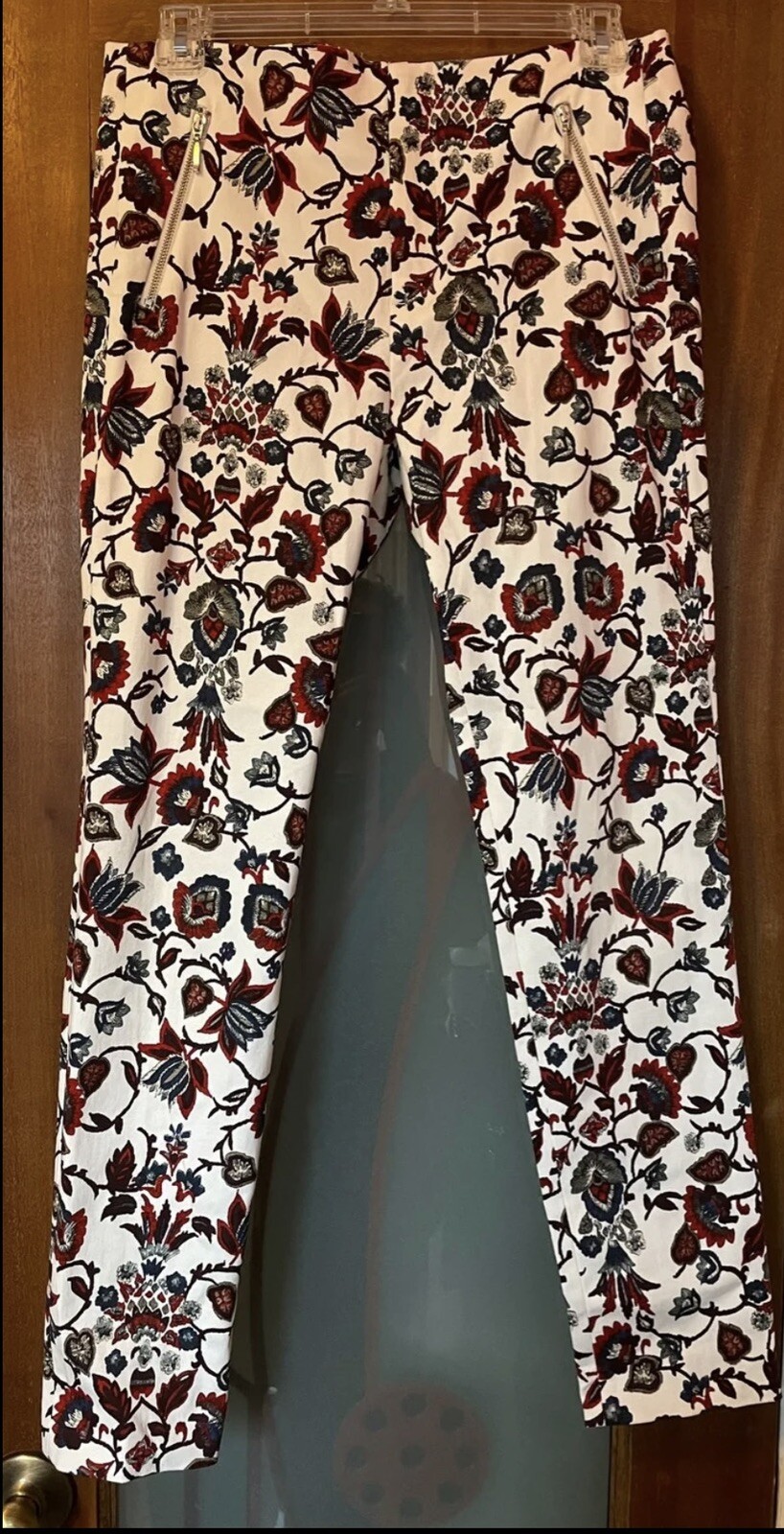 Zara Basic Solid Off White Pants w Blue/Red Flora… - image 1