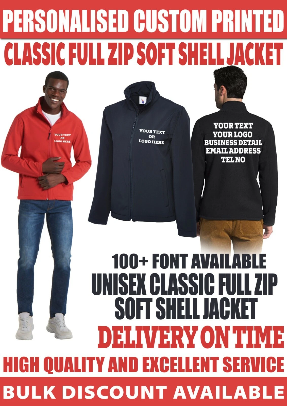 Personalised Custom printed full zip Soft Shell Jacket your text logo workwear
Opens in a new window