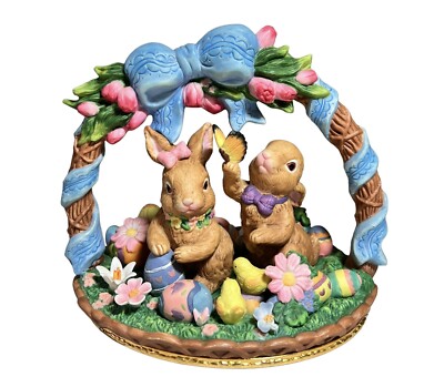 Porcelain Easter Bunnies Basket Large Trinket Box Lid Only (Read Description)