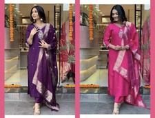 INDIAN GORGEOUS CHANDERI SILK EMBROIDERY WORK TOP BOTTOM WITH DUPATTA SIZE 40