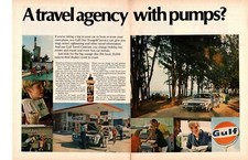 1968 Gulf Oil Gas Station A Travel Agency With Pumps Holiday Inn 2-Page Print Ad