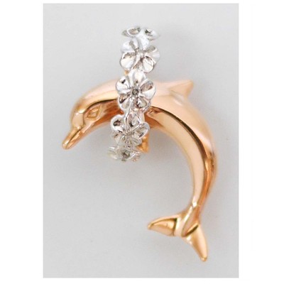 14K massiver Rose N Weiß 2T Gold glücklicher Delphin Sprung durch Lei Anhänger. C2702-41