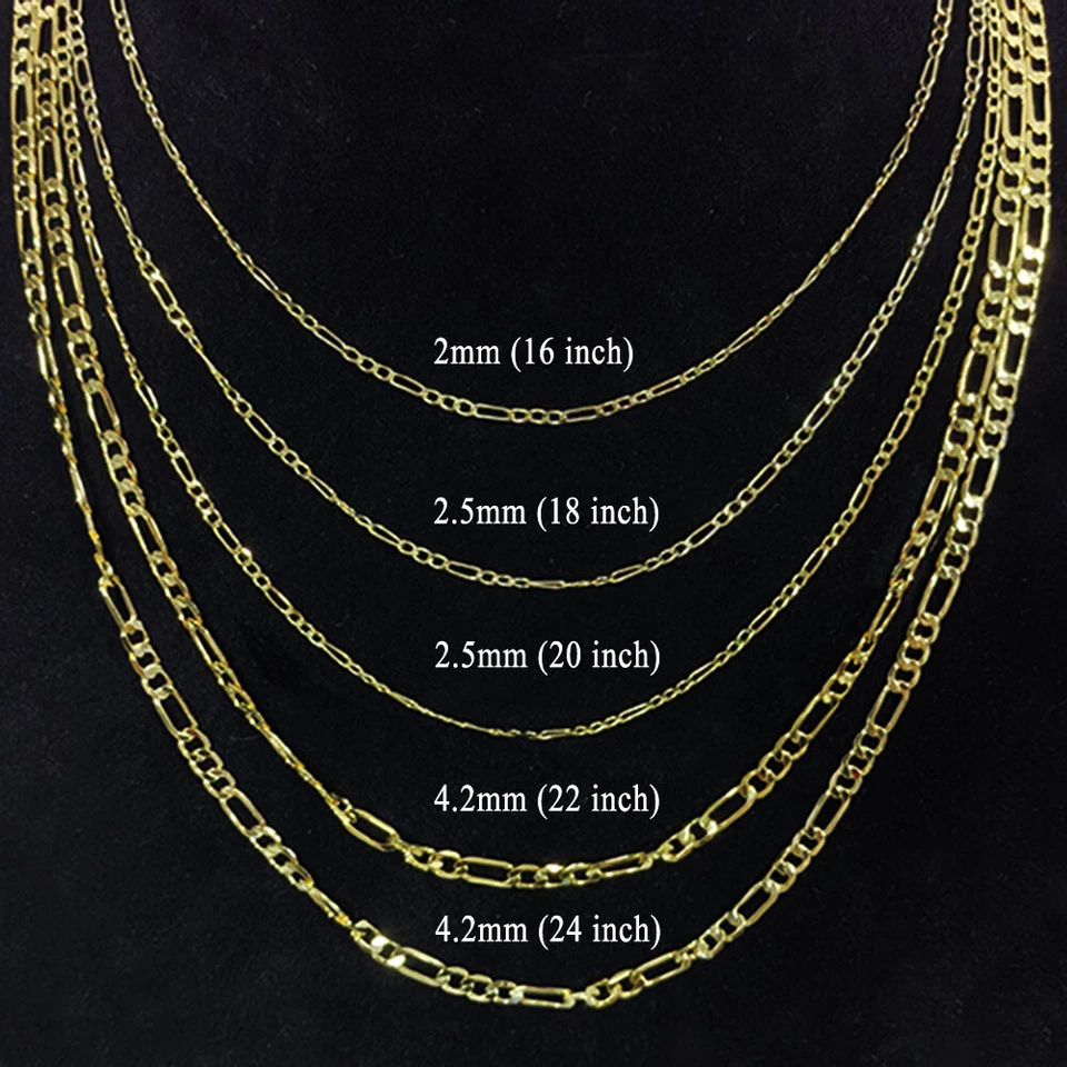 Colar de ouro amarelo sólido 14K 2/2,5/4,2 mm elo de corrente Figaro + fecho de garra de lagosta - Imagem 3 de 4