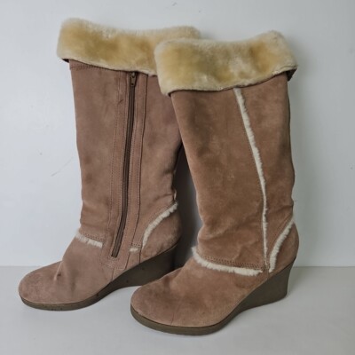 Hillard And Hanson Faux Fur Lined Wedge Boots Tan Suede Heels Warm Winter Shoes