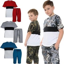 Kids Boys Girls T Shirt 100 Cotton Contrast Panelled Summer Top Shorts Set 5-13