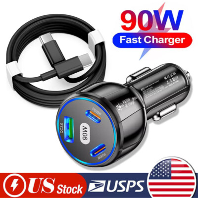3-Port 90W 2PD + QC3.0 Fast Charging Cell Phone Car Charger Plug & 60W PD Cable
