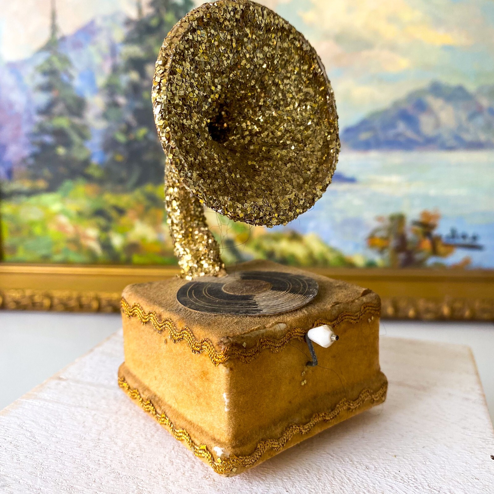 Vtg VICTROLA Record Player Christmas Ornament Phonograph Gold Glitter Japan READ