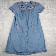 Go Softly Dress Women Small Blue Buttons Embroidered Floral Ladybug Gathered
