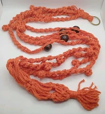 Vintage Boho Large Macrame Plant Hanger Orange Nylon Wood Beads 72" Long Empty