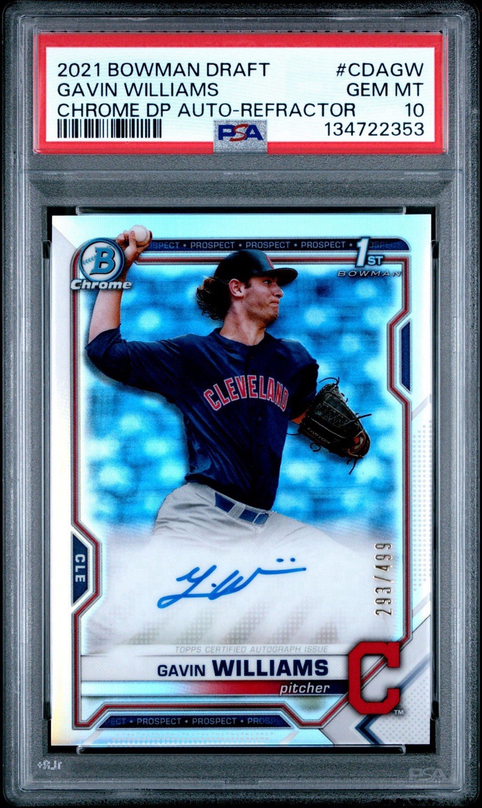 GAVIN WILLIAMS 2021 BOWMAN DRAFT 1ST CHROME REFRACTOR AUTO /499 PSA 10
