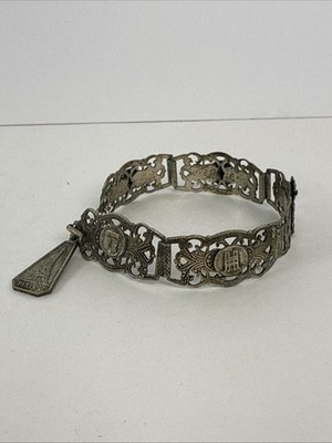 Antique Paris Eiffel Tower Tarnished Silver-Plated Travel Charm Bracelet 7-8''