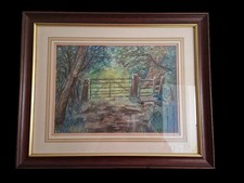 Original Pastel Landscape Duck Pool Farm Lane Penhow P.J. Brunt 1998 Framed