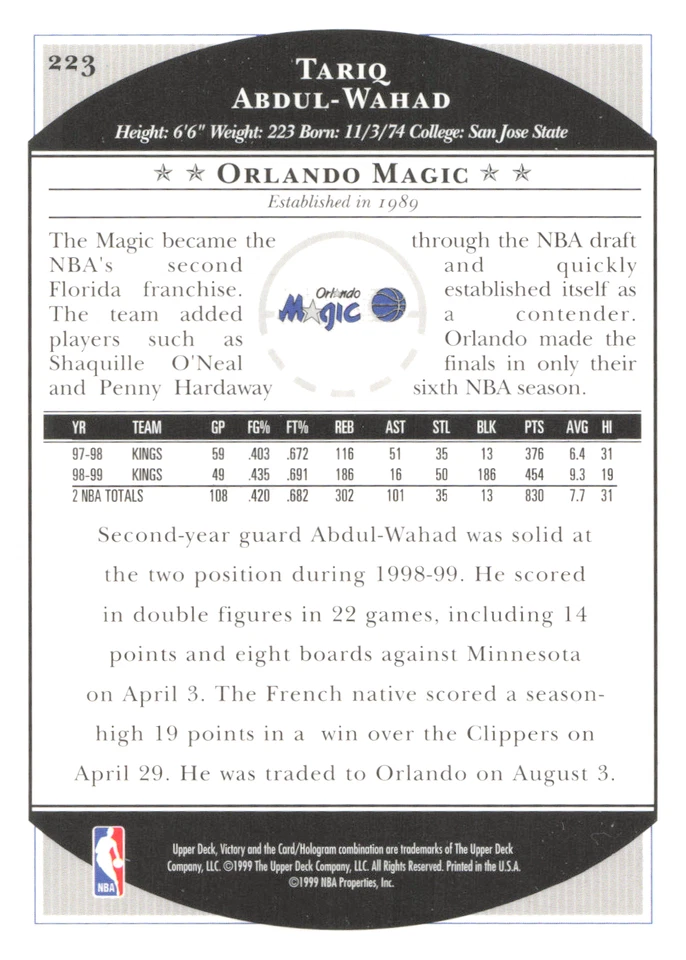 1999-2000 Upper Deck Victory - #223 Tariq Abdul-Wahad Kings - Image 2 of 2