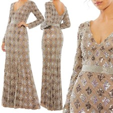 Mac Duggal Mocha Long Sleeve Lattice Sequin Beaded Trumpet Gown Size 6 $598 NWT
