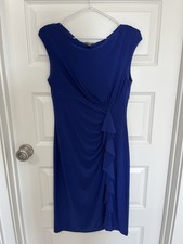 Size 6 Navy Blue Boat Neck Elegant Cocktail Knee Length Dress Ruffled Design