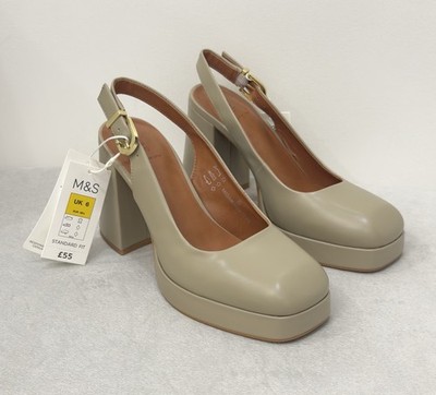 M&S Womens Leather Taupe Beige Block Heel Platform Sling Back