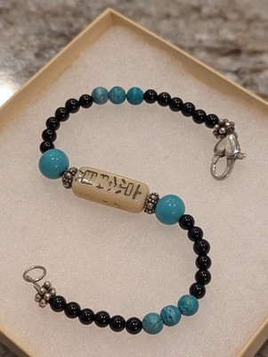 925 Sterling Silver Kyo-Aimi 7.5'' Turquoise & Black Onyx Beaded Vintage Bracelet