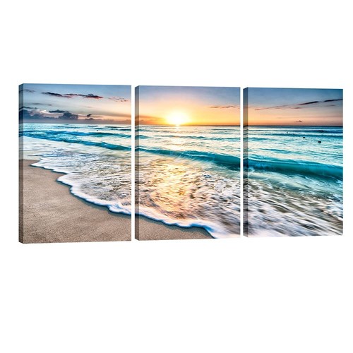 3 Panels Blue Beach Sunrise White Wave Pictures Painting on Canvas Wall Art M...