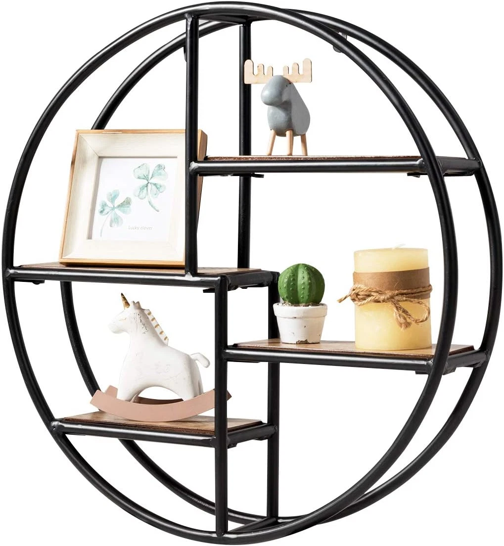 Black Round Wall Shelf - 4-Tier Circular Floating Shelf for Home & Office