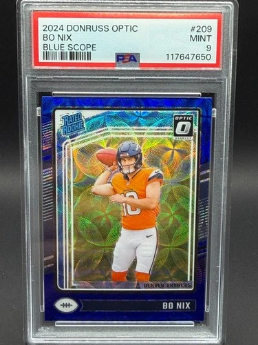 2024 Panini Donruss Rated Rookie Bo Nix #209 Optic Blue Scope Prizm RC PSA 9