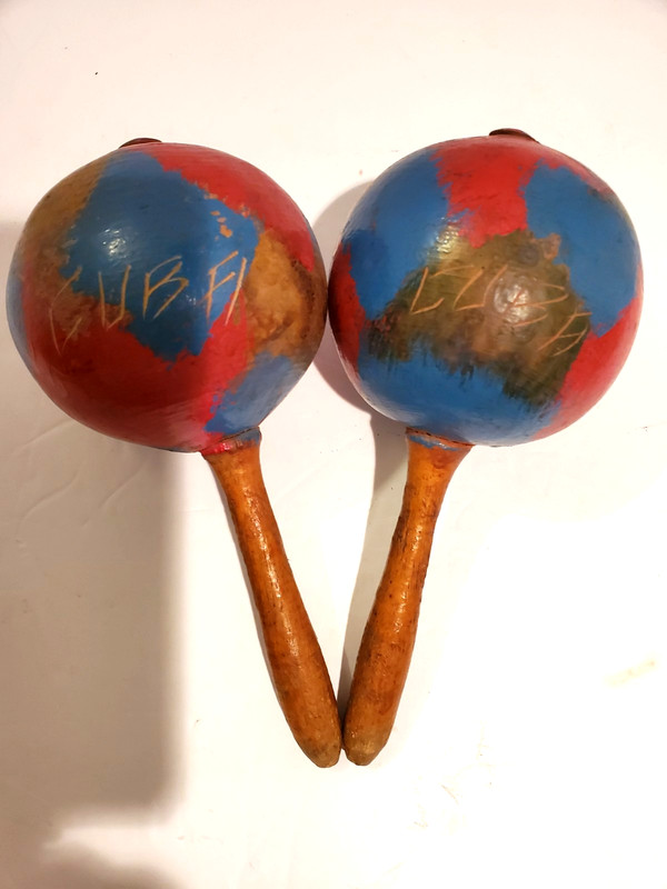 Pair of vintage ( mid-century ) 7" long gourd Maracas, each engraved CUBA