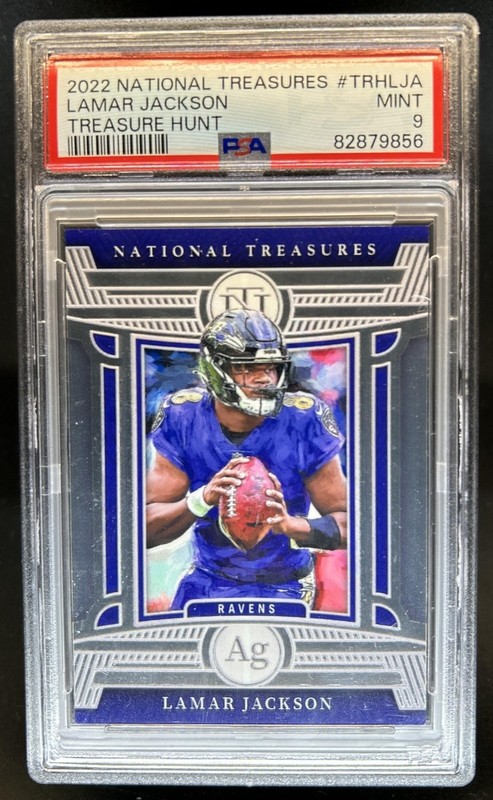 2022 National Treasures Lamar Jackson Treasure Hunt Silver #/25100999 PSA 9