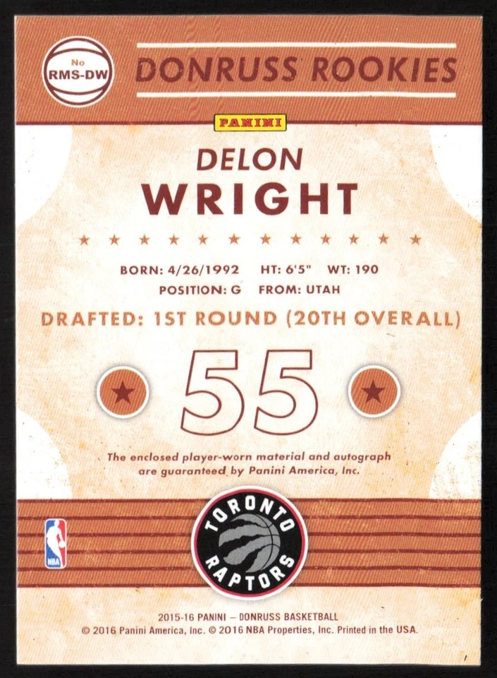 2015-16 Donruss Rookie Signatures Delon Wright 43/49 Toronto Raptors #RMS-DW - Image 2 of 2